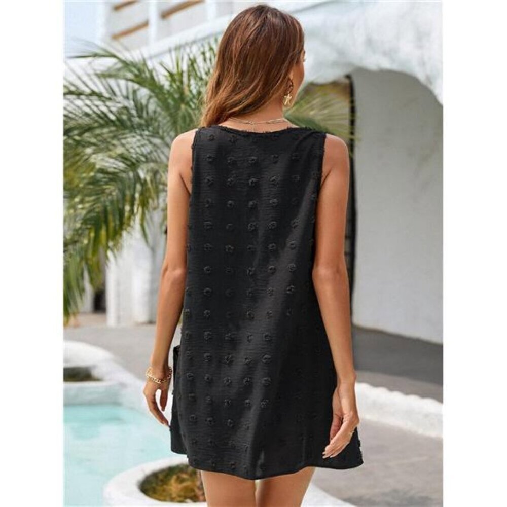 Womens Swiss Polka Dot V Neck Tank Dress Beach Cover Up Pockets Summer Casual - Picture 2 of 6
